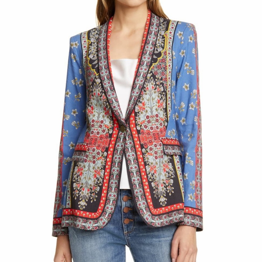 Alice + Olivia Macey Daffodil Palace Jacket Blazer Blue Red Floral Mix Print 4
